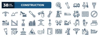 set of construction web icons in outline style. thin line icons such as wrench and gear, inclined picker, derrick with ball, round wrench, stopping, hydraulic breaker, clippers, working, pickaxes