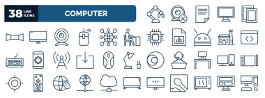 set of computer web icons in outline style. thin line icons such as robotics, 3d screen, webcamera, boss office, develope, mouse device, computer, internet server, device, , computer and monitor