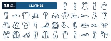 Kıyafet web simgelerinin ana hatları. İnce çizgili pantolon, erkek arkadaş düşük kot pantolon, v yaka gömlek, mücevher, forma giysisi, gladyatör sandaleti, deri derbi ayakkabısı, chi pantolon gibi ikonlar.,