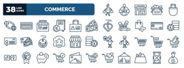 set of commerce web icons in outline style. thin line icons such as shopper, trading, grocery store, american dollar, turkish, front store with awning, supermarket basket, checkered, grocery, ,