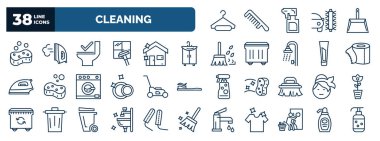 set of cleaning web icons in outline style. thin line icons such as hanger cleanin, soap cleanin, toilet cleanin, sink, toilet paper lawn mower, wiping woman head, sink mirror , cream vector.