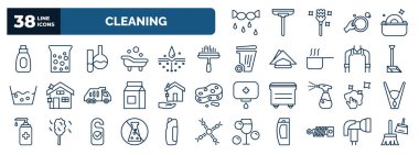 set of cleaning web icons in outline style. thin line icons such as squeeze, stain remover, acid, window cleaner, dust pan, clean-living, neat, preservatives, suspension, , garden hose vector.