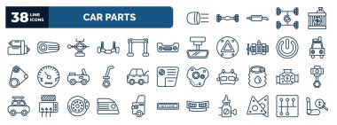 set of car parts web icons in outline style. thin line icons such as car headlight, car starter, jack, bumper, luggage rack, taiate, carburettor, brake light, gasket, , gearbox vector.