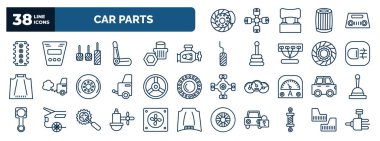 set of car parts web icons in outline style. thin line icons such as car disc brake, car cylinder head, accelerator, engine, fog lamp, horn, hard top, sump, coil, , mud flap vector.