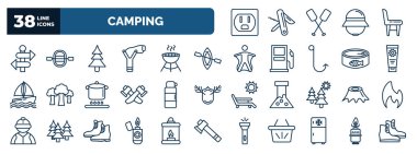 set of camping web icons in outline style. thin line icons such as outlet, direction, tree, canoe, sun lotion, thermo, stump, lighter, freezer, , camping gas vector.