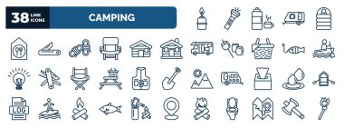 set of camping web icons in outline style. thin line icons such as cooking gas, canteen, rope, lodge, rafting, fishing vest, water, sardine, map, , axes vector.