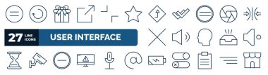 set of user interface web icons in outline style. thin line icons such as equal, export, go, , medium volume, low volume, minus, charging status vector.