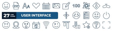 set of user interface web icons in outline style. thin line icons such as joyful smile, hearth, editor, low, crying smile, turn off, shocked smile, top alignment vector.