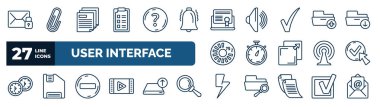 set of user interface web icons in outline style. thin line icons such as unlock envelope, form, digital certificate, add folder button, stopwatches, check box with cursor, remove round button,