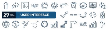set of user interface web icons in outline style. thin line icons such as 3d up arrow, sketch loop arrow, curved right arrow, online gambling, turn, lift, air outlet, incentive vector.
