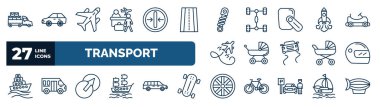 set of transport web icons in outline style. thin line icons such as loaded truck side view, airport checking, shock breaker, space rocket launch, pram, motorsport, transition, alloy wheel vector.