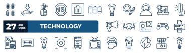 set of technology web icons in outline style. thin line icons such as battery status, digital number 15, ideas, analysis process, chairs, paper printer, electric light bulb, binary mind vector.