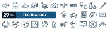 set of technology web icons in outline style. thin line icons such as no audio, computer microprocessor, satellite transmission, customs, sega gamepad, battery level, reciever, radio and messages
