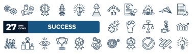 set of success web icons in outline style. thin line icons such as gears, startup, rate, paper plane, fist, profits, vision, goal vector.