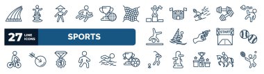 Anahat tarzında spor web simgeleri. Koşu, maraton şampiyonu, bir numaralı atlet, antrenman için halter, rüzgar sörfü, beyzbol topu, şampiyon, golf oyuncusu gibi ince çizgi simgeleri.