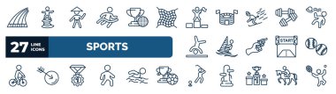 set of sports web icons in outline style. thin line icons such as running track, marathon champion, number one athlete, dumbbell for training, man windsurfing, baseball ball, champion, golf player clipart