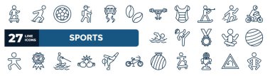 set of sports web icons in outline style. thin line icons such as skating, trekking, weight lifting, jumping ski, taekwondo, gym ball, jet surfing, exercise ball vector.