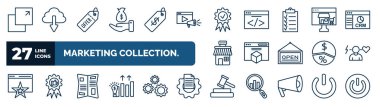 set of marketing collection. web icons in outline style. thin line icons such as pop up, sales, benefits, online store, web package, behavior, gazette, bid vector.