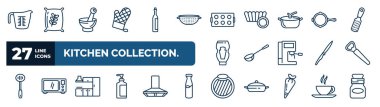 set of kitchen collection. web icons in outline style. thin line icons such as measuring cup, mitten, muffin pan, skillet, ladle, bottle opener, kitchen cabinet, chopping board vector.