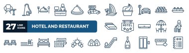 set of hotel and restaurant web icons in outline style. thin line icons such as lounge, receptionist, beach hotel, takoyaki, hotel, guest, double bed, or down vector.