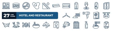 set of hotel and restaurant web icons in outline style. thin line icons such as checkroom, fried egg, key card, do not disturb, napkins, hotel, breakfast, hot stones vector.