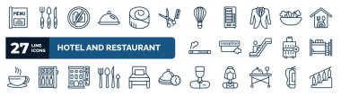 set of hotel and restaurant web icons in outline style. thin line icons such as menu, restaurant tray, balloon, vegetarian, check in, bunk, hotel, valet vector.
