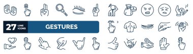 Anahat tarzında bir dizi jest web simgesi. Sağır gibi ince çizgi simgeleri, yukarı bakın, şüpheli, üzgün yüz, vücut parçaları, selamlamalar, jestler, başparmak yukarı vektör.