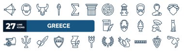 set of greece web icons in outline style. thin line icons such as artemis, sports torch, labyrinth, alexander the great, socrates, robe, ink and quill, laurel vector.