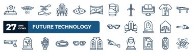 set of future technology web icons in outline style. thin line icons such as augmented reality, building, kettle, smart clo, jetpack, chainsaw, wired gloves, robot arm vector.