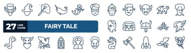 set of fairy tale web icons in outline style. thin line icons such as dracula, narwhal, elf, chimera, , valkyrie, griffin, quetzalcoatl vector.