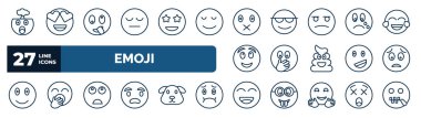 set of emoji web icons in outline style. thin line icons such as exploding head emoji, tired emoji, muted cry hand over mouth worried bored happy vector.