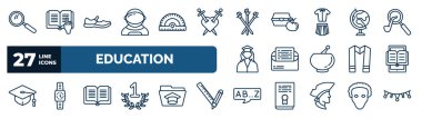 set of education web icons in outline style. thin line icons such as magnifying glass, astronaut, three musketeers, earth globe, invitation, ebook, dictionary, alphabet vector.