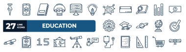 set of education web icons in outline style. thin line icons such as pushpin, audio book, virus, bars, graduating, check mark, numbers, cardiology tool vector.