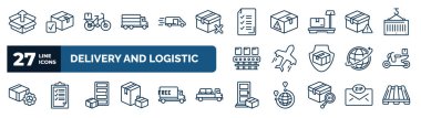 set of delivery and logistic web icons in outline style. thin line icons such as package, shipping, delivery list, delivery delay, transportation, by motorcycle, to the door, on door vector.