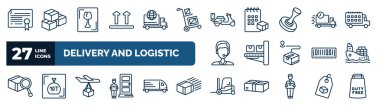 set of delivery and logistic web icons in outline style. thin line icons such as charter, side up, scooter delivery, delivery day, x ray, ship by sea, by plane, forklift vector.