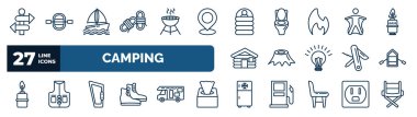set of camping web icons in outline style. thin line icons such as direction, rope, sleeping bag, wingsuit, stump, inflatable boat, carabiner, freezer vector.