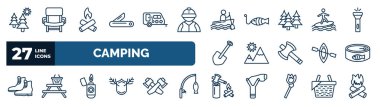 set of camping web icons in outline style. thin line icons such as pines, pocket knife, rafting, surfing, mountain, canned food, lighter, firewood vector.
