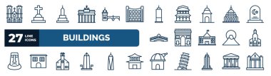 set of buildings web icons in outline style. thin line icons such as notre dame, brandenburg gate, trade center, capitol building, arc de triomphe, chuch, moot hall, space vector.