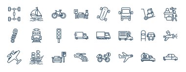 Taslak biçiminde taşınabilir ağ simgeleri. İnce çizgi simgeleri, şasi, park görevlileri, kutulu el arabası, dizel tren, yol temizleyicisi, araba boyası, araba parkı, uçak vektörü gibi..