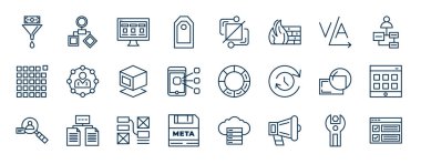 Taslak biçiminde bir dizi teknoloji web simgesi. Dönüştürme, özellikler, kerning, bağlı pazarlama, renk teorisi, web uygulamaları, kablo çerçevesi, eylem vektörüne çağrı gibi ince çizgi simgeleri.