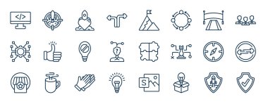 Başlangıç durumları ve web simgeleri ana hatları biçiminde. Ağ geliştirme, karar, bitiş çizgisi, kabul, yapboz, takas, el çırpma, yeni ürün vektörü gibi ince çizgi simgeleri.
