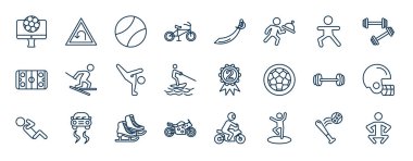 Anahat tarzında spor web simgeleri. Futbol kanalı, yarış bisikleti, antrenman, slalom, ikinci ödül, beyzbol kaskı, buz pateni, dansçı hareket vektörü gibi ince çizgi simgeleri.