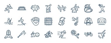 Anahat tarzında spor web simgeleri seti. Baton çevirme, aerobik, artistik jimnastik, dalış sporu, karma dövüş sporları, formül yarışı, kickball, lakros vektörü gibi ince çizgi simgeleri.