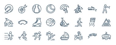 Anahat tarzında spor web simgeleri seti. Hurling, tenis topu, kar motosikleti sporu, gözlük, tek tekerlekli bisiklet hokeyi, snooker, disk atma, güç kaldırma vektörü gibi ince çizgi simgeleri.