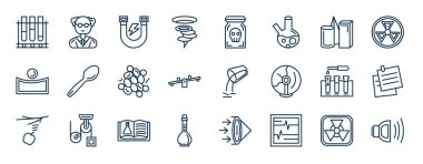 Anahat tarzında bir takım bilim web simgeleri. Tüpler, girdap, geometri, kaşık, dökme, notlar, bilim kitabı, elektrokardiyogram vektörü gibi ince çizgi simgeleri.