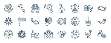 Din web simgelerinin ana hatları. Yahudi simitleri, ohr, halakha, gragger, matzo topu çorbası, shofar, İbrani şarabı, gamalı haç vektörü gibi ince çizgi simgeleri.
