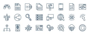 seo web simgelerinin ana hatları. Konsol, ikili kod, paylaşım, yanıt, tıklama, şifreleme, test vektörü gibi ince çizgi simgeleri.