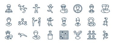 Bir grup insan web simgeleri ana hatları tarzında. Öğretmen okuma, mutlu adam atlaması, inşaatçı, işadamı hiyerarşisi, aşçı, kız koşma, iyi çalışan, adam sinirli vektör gibi ince çizgi simgeleri.