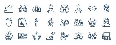 Bir grup insan web simgeleri ana hatları tarzında. Aşağıdaki gibi ince çizgi simgeleri, Müslüman adam, baştan çıkarıcı, doğum, çaba, sakallı kadın, bebek bezi, zarafet vektörü.