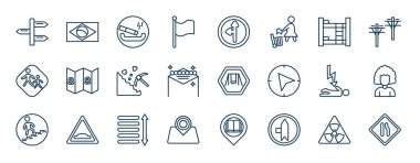 Haritalar ve bayraklar ana hatlı web simgeleri. Çeşitlilik, sade bayrak, yatakhane, haritalar ve bayraklar, salıncaklar, kadın kuaförleri, aralıklar, sol yol vektörü gibi ince çizgi simgeleri.